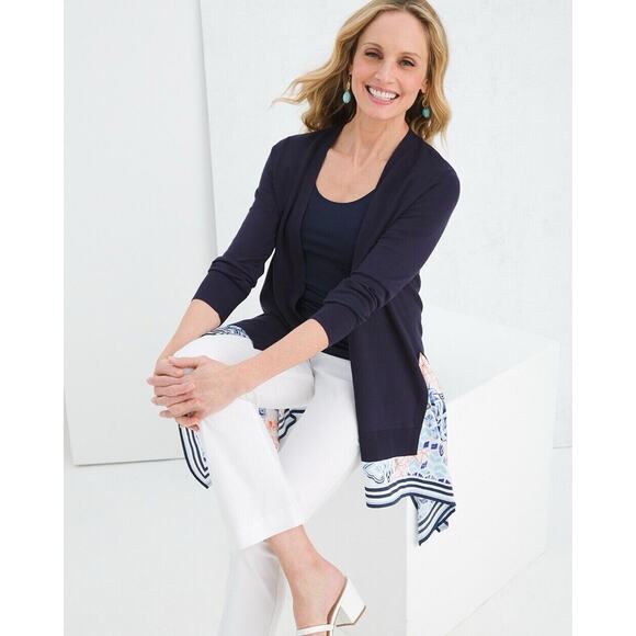 Chicos 1 Scarf Hem Sweater Cardigan Navy Blue Size Medium - Picture 11 of 12